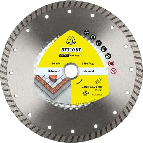 Diamantna rezalna plošča Klingspor DT 310 UT Extra, je primerna za univerzalno uporabo. Odlikujeta jo dobra rezalna trdnost ter dobro razmerje med ceno in zmogljivostjo. Turbo ozobljenje pa zagotavlja čiste rezne robove brez lomljenja. Plošča je idealna za krovce - rezanje glinenih in strešnih opek.