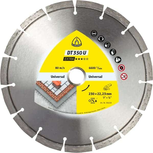 Diamantna rezalna plošča Klingspor DT 350 U Extra, univerzalna rezalna plošča s standardnim segmentom. Primerna za rezanje standardnih gradbenih materialov. Omogoča lahko in hitro rezanje z malo vibracijami in zagotavlja visoko stabilnost. Kupcu ponuja optimalno razmerje med kvaliteto in ceno. Na voljo tudi z X-LOCK vpetjem.