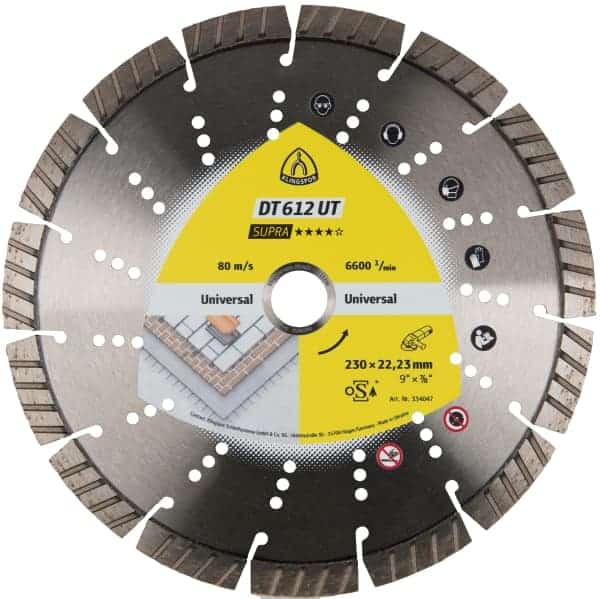 Diamantna rezalna plošča Klingspor DT 612 UT Supra, s posebnimi turbo segmenti, za zelo visoke hitrosti rezanja vseh trdih materialov. Plošča z dobro obstojnostjo, tudi pri uporabi na armiranem betonu.