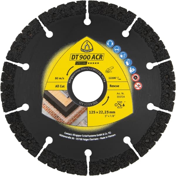 DT 900 ACR Special, je vakuumsko lotana in tako primerna za skoraj vse kovinske materiale. Poseben proizvodni postopek omogoča širok spekter uporabe, 10mm visok sloj diamantov pa visoko obstojnost in agresiven rez pri zelo različnih in zahtevnih materialih. Plošča je idealna za reševalne ekipe.
