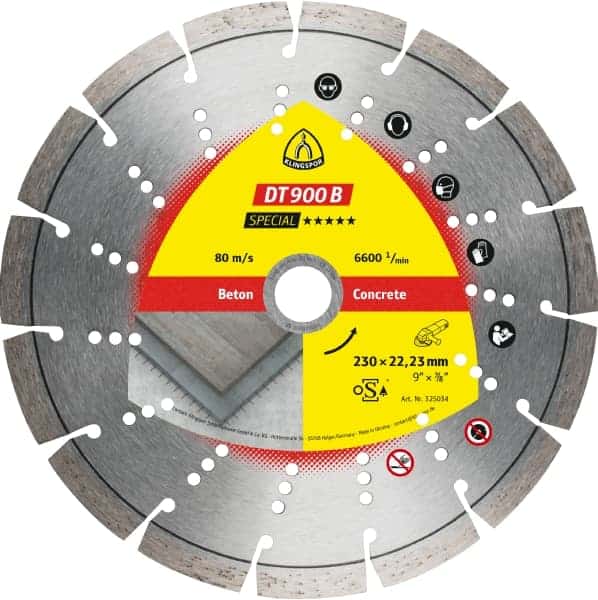 DT 900 B Special je visoko zmogljiva diamantna rezalna plošča, s tubro segmenti, za visoko rezalno hitrost. Razvita za preprosto rezanje betona. Podaljšana obstojnost zahvaljujoč diamantom, prevlečenim s plastjo titana.