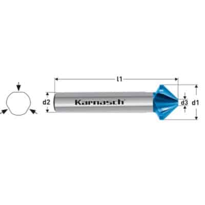 Grezilo Karnasch HSS-XE + BLUE-TEC, izdelano iz HSS-XE jekla z BLUE-TEC prevleko, s tremi asimetričnimi rezili, 90° konusom in triploskovnim vpetjem. Utori rezila visoko kakovostnih grezil Karnasch, so brušeni s CBN orodji, kar zagotavlja izvrsten odmet materiala, grezenje brez vibracij, obdelovano površino brez žlebov in izvrstno centriranje. LASTNOSTI: HSS-XE jeklo + BLUE-TEC prevleka Izdelano iz visoko legiranega specialnega HSS-XE jekla, za daljšo življenjsko dobo – v primerjavi z HSS jeklom BLUE-TEC prevleka za dodatno podaljšanje življenjske dobe, tudi pri uporabi z malo ali brez hlajenja. Prednosti asimetričnosti rezil: Odlična obdelovana površina, zaradi zmanjšanja vibracij Zmanjšanje aksialnih sil za 50% in radialni sil za 25%, kar omogoča:       Manjši pritisk in daljšo življenjsko dobo grezila       Manjšo obremenitev naprav in daljšo življenjsko dobo       Enostavno uporabo pri ročnem grezenju Optimalen odlom opilkov zaradi radialnega brušenja 3-ploskovno vpetje zagotavlja: Izvrsten prenos vrtilnih momentov Preprečuje zdrsovanje v vpenjalni glavi Znatno boljše rezne lastnosti PODROČJA UPORABE: Nerjaveča jekla (V2A / V4A) Jekla Litine Barvne in lahke kovine