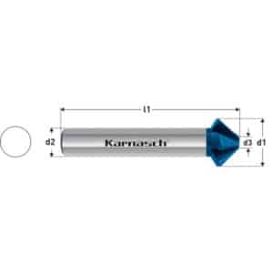 Grezilo Karnasch VHM + BLUE-TEC – izdelano iz karbidne trdine (VHM), z BLUE-TEC prevleko, 4-5 rezili, in 90° konusom. Namenjeno uporabi na CNC strojih, za obdelavo najzahtevnejših materialov, kot so: trda jekla, titan in titanove zlitine. Utori rezila visoko kakovostnih grezil Karnasch, so brušeni s CBN orodji, kar zagotavlja izvrsten odmet materiala, grezenje brez vibracij, obdelovano površino brez žlebov in izvrstno centriranje. LASTNOSTI: Izdelano iz karbidne trdine – za dolgo življenjsko dobo, tudi prei uporabi na najzahtevnejših materialih BLUE-TEC prevleka za dodatno podaljšanje življenjske dobe, tudi pri uporabi z malo ali brez hlajenja. Ø 4,3-11,5mm v celoti izdelan iz karbidne trdine (VHM) Ø 12,4-31mm lotano steblo PODROČJA UPORABE: Kaljena jekla - do 1400 N/mm² Jekla - do 60 HRC Nerjavna in na kisline odporna jekla - nad 900 N/mm² Vse vrste litin Kompozitni materiali z grafitni, ogljikovim in steklenim vezivom Eksotični materiali nad 850 N/mm² - npr.: Nimonic, Inconel, Hastelloy Zelo primerna tudi za HARDOX 500 Grezila iz karbidne trdine (VHM), št. art.: 403045, so na voljo ssmo s cilindričnim vpetjem. Uporabljajo se pri zahtevnih obdelavah, CNC strojih, kjer je mogoče uporabljati le cilindrična vpetja. OPOMBA: Trdokovinska grezila so namenjena izključno uporabi na CNC strojih!