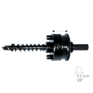 Hitromenjalno vpetje – šestkotno - 9,5mm za DIA kronske žage LASTNOSTI: Primerno za kronske žage z diamantnim posipom KARASCH v premerih 32-152mm Šestkotno vpetje 9,5mm (3/8") Vpetje s centrirnim svedrom, dolžine 80mm, z izmetno vzmetjo