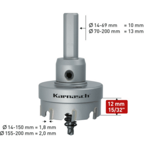 HM Kronska žaga KARNASCH EASY-CUT 5 – globina reza 12mm – z vpetjem, centrirnim svedrom in izmetno vzmetjo. LASTNOSTI: Vpetje: 10-13mm Globina reza: 12mm Širina reza: 1,8-2,0mm Izvedba za gladko delovanje, namenjena za ročne stroje (možna uporaba tudi na stacionarnih strojih) Potreben majhen pritisk Hitro in lahko vrtanje Izvrstna vodljivost in nadzor med vrtanjem Hitro odstranjevanje jedra, s pomočjo izmetne vzmeti - pri vseh premerih (pri maksimalni globini vranja je izmetno vzmet potrebno odstraniti)