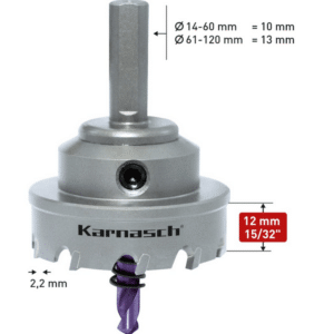 HM Kronska žaga KARNASCH POWER MAX 10 – Heavy Duty – globina reza 12mm - z vpetjem Kronske žage KARNASCH uporabniku ponujajo maksimalno fleksibilnost. S pomočjo Easy-Change hitromenjalnega sistema, ki ga uporablja linija kronskih žag POWER-MAX, je področje uporabe zelo široko. Kronske žage je mogoče uporabljati na ročnih, namiznih, radialnih in kronskih vrtalnih strojih ter stružnicah. Posamezno krono je zaradi Easy-Change vpetja mogoče uporabljati na vseh vrstah vrtalnih strojev. Linija kronskih žag POWER-MAX omogoča obdelavo vseh vrst jekla, konstrukcijskih in nerjavečih jekel. Primerna tudi za uporabo na neželeznih kovinah kot so aluminij, baker in mesing ter plastike, CFK / GFK in sendvič materialih. HM Kronske žage so na voljo v premerih: 14-150mm, ter globinah 12-65mm.