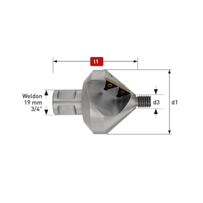 Konično grezilo z izmenljivimi rezili (HM) – 82° Weldon . Grezilo z dvema reziloma, štirimi izmenljivimi reznimi ploščicami iz karbidne trdine in izmenljivimi vodili. KOMPLET VSEBUJE: Grezilo 4 rezalne ploščice iz karbidne trdine (HM), 4 pritrdilne vijake s pripadajočim ključem Trikotna rezila so vrtljiva, kar omogoča uporabo vseh treh reznih površin – za 3-kratno življenjsko dobo PODROČJA UPORABE: Grezilo s trdokovinskimi rezili je namenjeno uporabi na najzahtevnejših materialih. Zelo primerno za: Abrazive in trda jekla – nad 1000 N/mm2 Siva litina – nad 240 HB Nerjaveča in na kisline odporna jekla Titan in titanove zlitine Ostala jekla, litine in lahke kovine – kjer je zahtevana dolga življenjska doba Izmenljiva centrirna vodila zagotavljajo izvrstno stabilnost in preciznost. Pri uporabi brez vodila je grezilo potrebno namestiti v sredino izvrtine.