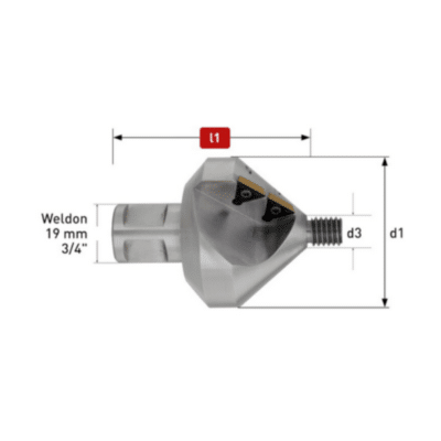 Konično grezilo - z izmenljivimi reznimi ploščicami (HM) - 90° Weldon . Grezilo z dvema reziloma, štirimi izmenljivimi reznimi ploščicami iz karbidne trdine in izmenljivimi vodili. KOMPLET VSEBUJE: Grezilo 4 rezalne ploščice iz karbidne trdine (HM), 4 pritrdilne vijake s pripadajočim ključem Trikotna rezila so vrtljiva, kar omogoča uporabo vseh treh reznih površin - za 3-kratno življenjsko dobo PODROČJA UPORABE: Grezilo s trdokovinskimi rezili je namenjeno uporabi na najzahtevnejših materialih. Zelo primerno za: Abrazive in trda jekla - nad 1000 N/mm2 Siva litina - nad 240 HB Nerjaveča in na kisline odporna jekla Titan in titanove zlitine Ostala jekla, litine in lahke kovine - kjer je zahtevana dolga življenjska doba Izmenljiva centrirna vodila zagotavljajo izvrstno stabilnost in preciznost. Pri uporabi brez vodila je grezilo potrebno namestiti v sredino izvrtine.