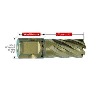 Kronski sveder KARNASCH GOLD-LINE30, NITTO/UNIVERSAL vpetje – globina reza: 30mm LASTNOSTI: Kronski sveder izdelan iz visoko kakovostnega HSS-XE, z GOLD-TEC površinsko obdelavo Kronski svedri linije GOLD-LINE so najpogosteje uporabljani kronski svedri, brez prevleke. Izdelani iz visokolegiranega jekla HSS-XE, ki zahotavlja izjemno trdnost konic rezil – do 68 HRC. Visoka trdnost zagotavlja majhno obrabo in dolgo življenjsko dobo. Obstojnost svedra dodatno zvišuje še GOLD-TEC površinska obdelava.