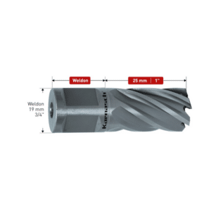 Kronski sveder KARNASCH HSS-XE, SILVER-LINE25, WELDON vpetje – globina reza: 25mm Svedri linije SILVER-LINE so izvrstna izbira za univerzlano rabo. LASTNOSTI: Izdelani iz visoko legiranega, specialnega HSS-XE jekla. Izjemna trdnost ozobljenja - do 68 HRC - za visoko odpornost na obrabo in dolgo življenjsko dobo. Podjetje KARNASCH sodi med redke proizvajlce kronskih svedrov, ki standardno izdeluje stopenjsko kaljene svedre. Z omenjenim postopkom dosegajo visoke stopnje trdote rezil (do 68 HRC), sveder pa ohrani prožnost. Sedem različnih geometrij rezila, optimiranih glede na premer in globino reza, omogoča vrhunske rezne lastnosti. Za večje premere, si oglejte izdelke - št.art.: 201315 in št.art.: 201316 PODROČJA UPORABE: Zelo primeren za vrtanje v konstrukcijska jekla, do 750N.