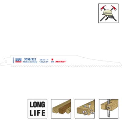 List sabljaste žage WILPU Hypercut 3058 - z rezkanim in razpeljanim ozboljenjem. Izjemno močan list za hitro in precizno rezanje lesa z ostanki kovin ali žebljev. Izvrsten pri demontaži ali reševanju.