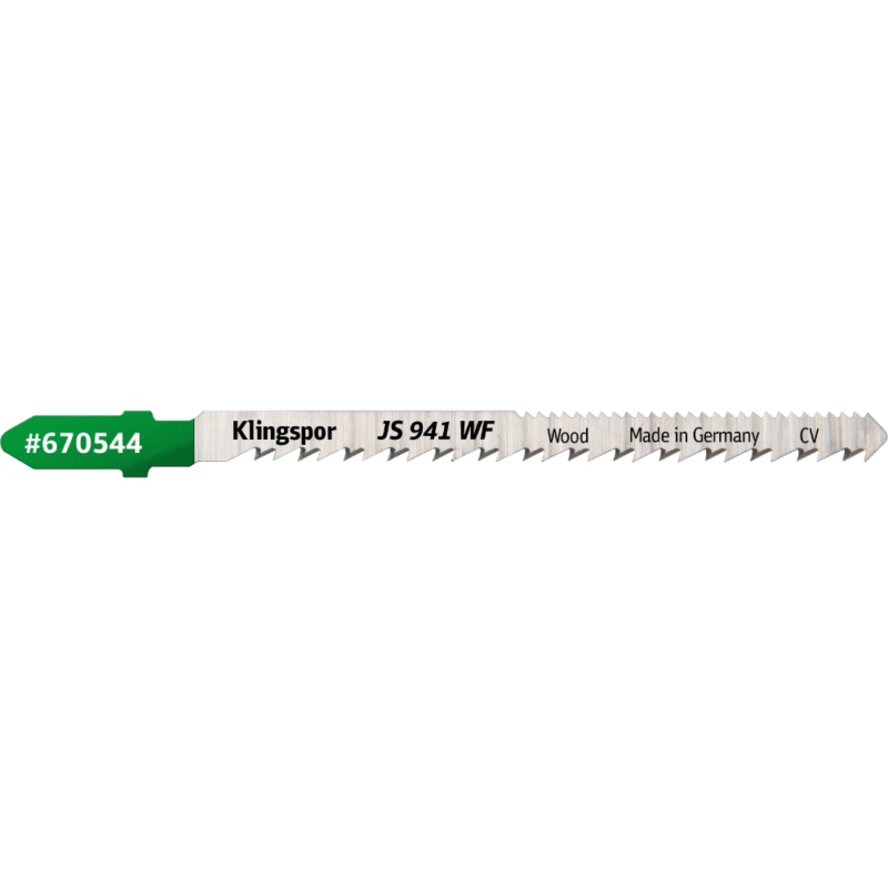 List vbodne žage Klingspor JS 941 WF Special – krom vanadij - navzkrižno brušen LASTNOSTI: Dimenzije: višina / dolžina / širina 5 x 100 x 1,45mm – efektivna dolžina: 75mm   – debelina materiala: 4-30mm Colski zob: 10/18 Vpetje: T-oblika Pakiranje: 5 kosov MATERIALI: Mehki les Konstrukcijski les Vezan les Blockboards Multipleks plošče MDF plošče PREDNOSTI: Rezilo z obojestranskim ozobljenjem, za čiste ukrivljene reze v les in lesne materiale vseh vrst. Fini in zelo čisti rezalni robovi.