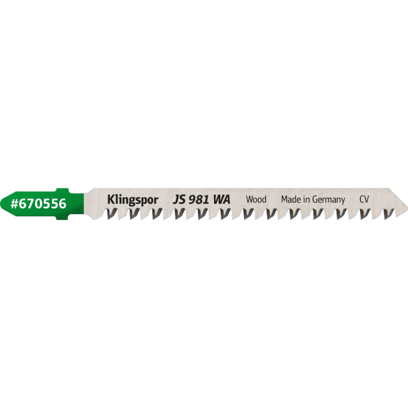 List vbodne žage Klingspor JS 981 WA Special – krom vanadij - navzkrižno brušen LASTNOSTI: Dimenzije: višina / dolžina / širina 8 x 100 x 1,70mm – efektivna dolžina: 75mm   – debelina materiala: 3-45mm 8 x 130 x 1,70mm – efektivna dolžina: 105mm   – debelina materiala: 3-80mm 8 x 170 x 1,70mm – efektivna dolžina: 145mm   – debelina materiala: 3-120mm Colski zob: 9 Vpetje: T-oblika Pakiranje: 5 kosov MATERIALI: Mehki les Konstrukcijski les Kuhinjski pulti Iverne plošče Tanke plošče Multipleks plošče MDF plošče PREDNOSTI: Zelo čisti, ravni in hitri rezi v les in lesne materiale. Čisti rezi zaradi posebne geometrije zob, brušenih na treh straneh. Zelo močno rezilo, za reze z natančnimi koti.