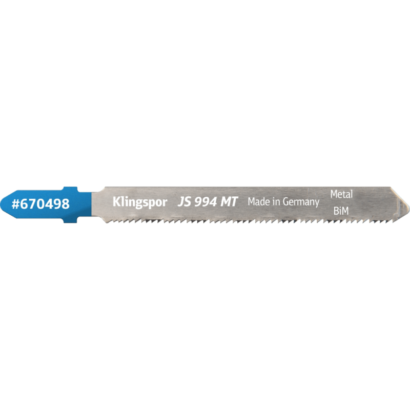 List vbodne žage Klingspor JS 994 MT Special – Bi-Metal LASTNOSTI: Dimenzije: višina / dolžina / širina 8 x 90 x 1,00mm – efektivna dolžina: 63mm  – debelina materiala: 1-3mm Colski zob: 23/28 Vpetje: T-oblika Pakiranje: 5 kosov MATERIALI: Pločevine Kovine Jekla Nerjaveča jekla PREDNOSTI: Posebno rezilo z variabilnim ozobljenjem za jekleno in nerjavečo pločevino. Bolj fino ozobljenje - v primerjavi z JS 994 MF. Ravni rez - Dolga življenjska doba zaradi bimetalne izvedbe.