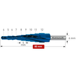 Stopničasti sveder Karnasch HSS-XE + BLUE-DUR z navzkrižno brušeno konico - (CBN brušen), z dvema reziloma in spiralnim ožlebljenjem je izdelan iz visokolegiranega specialnega "XE" jekla, ki ima bistveno daljšo življenjsko dobo kot običajna HSS jekla. Življenjsko dobo svedra pa dodatno podaljša še BLUE-DUR prevleka, ki zagotavlja ostrino tudi pri uporabi z malo ali brez hladilnih mazalnih sredstev.