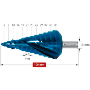 Stopničasti sveder Karnasch HSS-XE + BLUE-DUR z navzkrižno brušeno konico – (CBN brušen), z dvema reziloma in spiralnim ožlebljenjem je izdelan iz visokolegiranega specialnega “XE” jekla, ki ima bistveno daljšo življenjsko dobo kot običajna HSS jekla. Življenjsko dobo svedra pa dodatno podaljša še BLUE-DUR prevleka, ki zagotavlja ostrino tudi pri uporabi z malo ali brez hladilnih mazalnih sredstev.