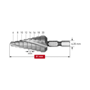 Stopničasti sveder KARNASCH HSS-XE – šestkotno vpetje (6 – 20mm) LASTNOSTI: Izdelan iz visoko legiranega specialnega HSS-XE jekla, za daljšo življenjsko dobo – v primerjavi z HSS jeklom Globoko brušen spiralni utor omogoča visoke rezilne lastnosti in mirno delovanje Hiter odmet opilkov – podobno kot pri spiralnih svedrih Idealen za uporabo na debelejših pločevinah – nad 2mm Šestkotno vpetje – 6,35mm – primero za vse nosilce vijačnih nastavkov in vpenjalnih glav