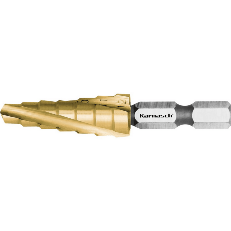 Stopničasti sveder KARNASCH HSS-XE TIN-GOLD – šestkotno vpetje (6 – 12mm) – 2 rezili - slika 2