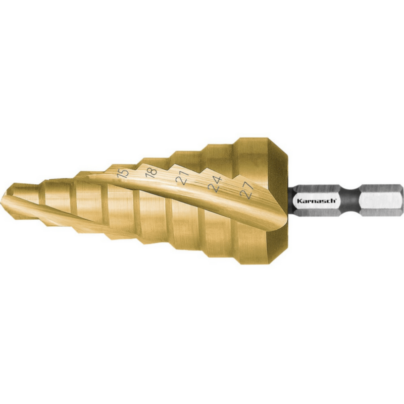 Stopničasti sveder KARNASCH HSS-XE TIN-GOLD – šestkotno vpetje (6 – 27mm) – 2 rezili - slika 2