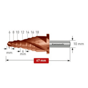 Stopničasti sveder Karnasch POWERCUT 10 PRO, HSS-XE+Titan-Tec z dvema reziloma in spiralnim ožlebljenjem je izdelan iz visokolegiranega specialnega “XE” jekla, ki ima bistveno daljšo življenjsko dobo kot običajna HSS jekla. Življenjsko dobo svedra pa dodatno podaljša še TITAN-TEC prevleka, ki zagotavlja ostrino tudi pri uporabi z malo ali brez hladilnih mazalnih sredstev. Priporočena uporaba rezalnega olja, razpršila ali voska.