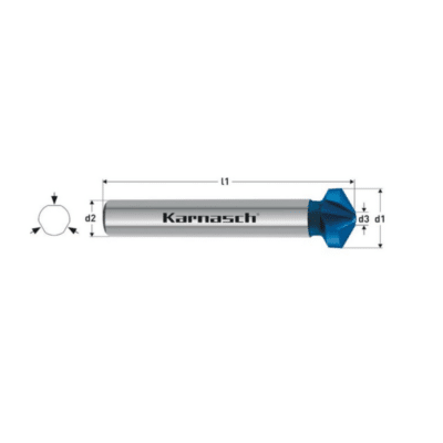 Konusno grezilo Karnasch HSS-XE + BLUE-TEC, izdelano iz HSS-XE jekla z BLUE-TEC prevleko, s tremi rezili – 120° in triploskovnim vpetjem. Utori rezila visoko kakovostnih grezil Karnasch, so brušeni s CBN orodji, kar zagotavlja izvrsten odmet materiala, grezenje brez vibracij, obdelovano površino brez žlebov in izvrstno centriranje. LASTNOSTI: HSS-XE jeklo + BLUE-TEC prevleka Izdelano iz visoko legiranega specialnega HSS-XE jekla, za daljšo življenjsko dobo – v primerjavi z HSS jeklom BLUE-TEC prevleka za dodatno podaljšanje življenjske dobe, tudi pri uporabi z malo ali brez hlajenja. 3-ploskovno vpetje zagotavlja: Izvrsten prenos vrtilnih momentov Preprečuje zdrsovanje v vpenjalni glavi Znatno boljše rezne lastnosti PODROČJA UPORABE: Nerjaveča jekla (V2A / V4A) Jekla Litine Barvne in lahke kovine