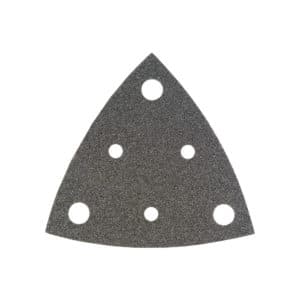Trikotni brusni papir za večnamenske rezalnike – WILPU Starlock – OSZ 112 – s korund nanosom (K120) in VELCRO podlogo z odsesovalnimi odprtinami. Primeren za univerzalno uporabo.